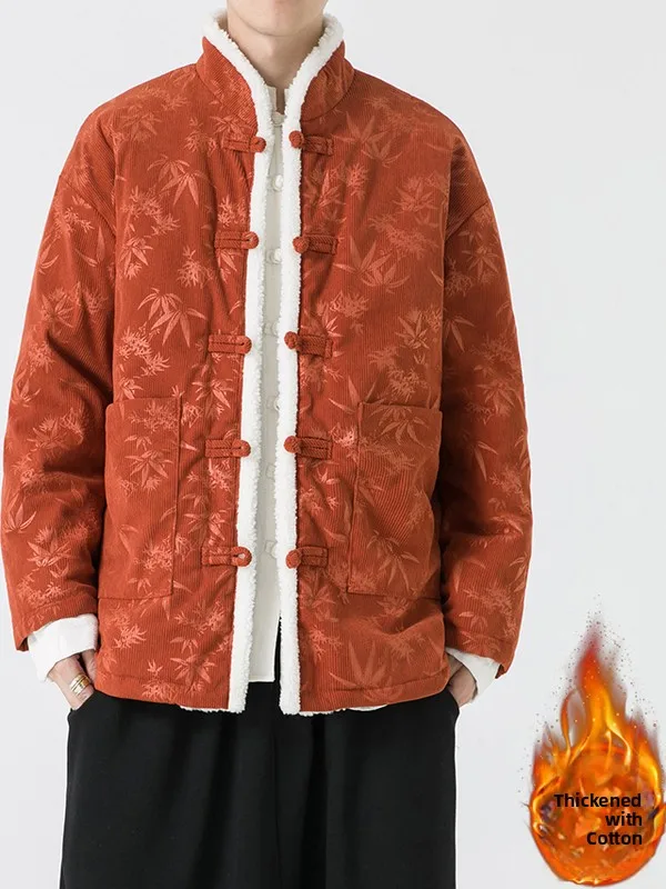 

Men's Winter Thickened down Cotton Jacket Corduroy New Chinese Style Retro Tang Costume Cotton Coat Warm Youth Casual Long Sl...
