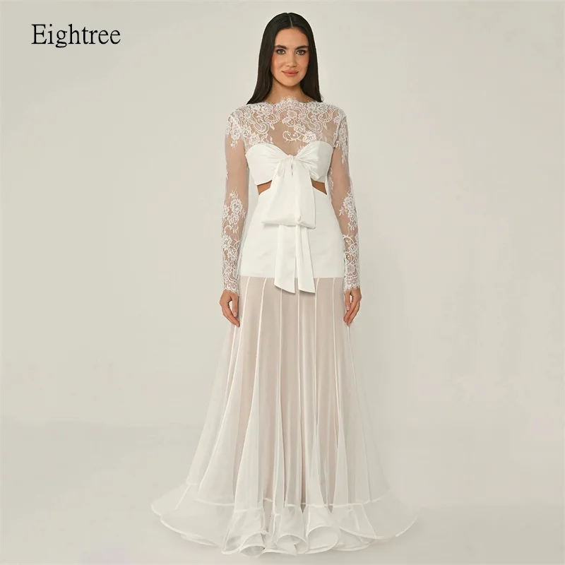 

Eightree Современные кружевные вечерние платья трапециевидной формы с высоким воротом и длинными рукавами и бантом для выпускного вечера длиной до пола, вечерние платья по индивидуальному заказу