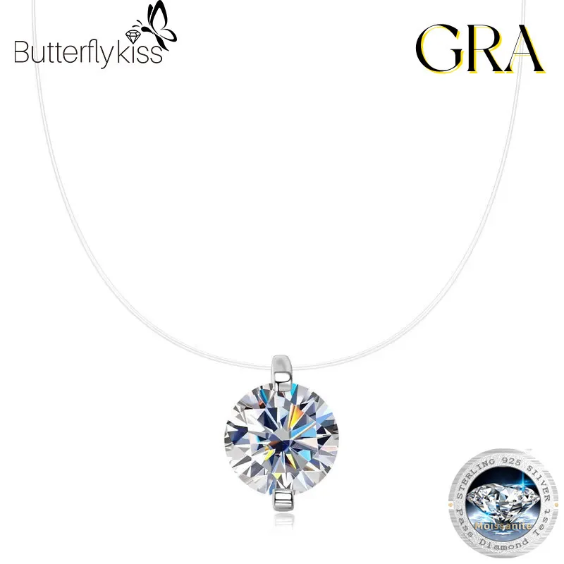 

Butterflykiss Round Bezel 0.5-3CT Moissanite Pendant Necklace For Woman Man 925 Silver Fishing Line Round Cut Diamond Necklaces
