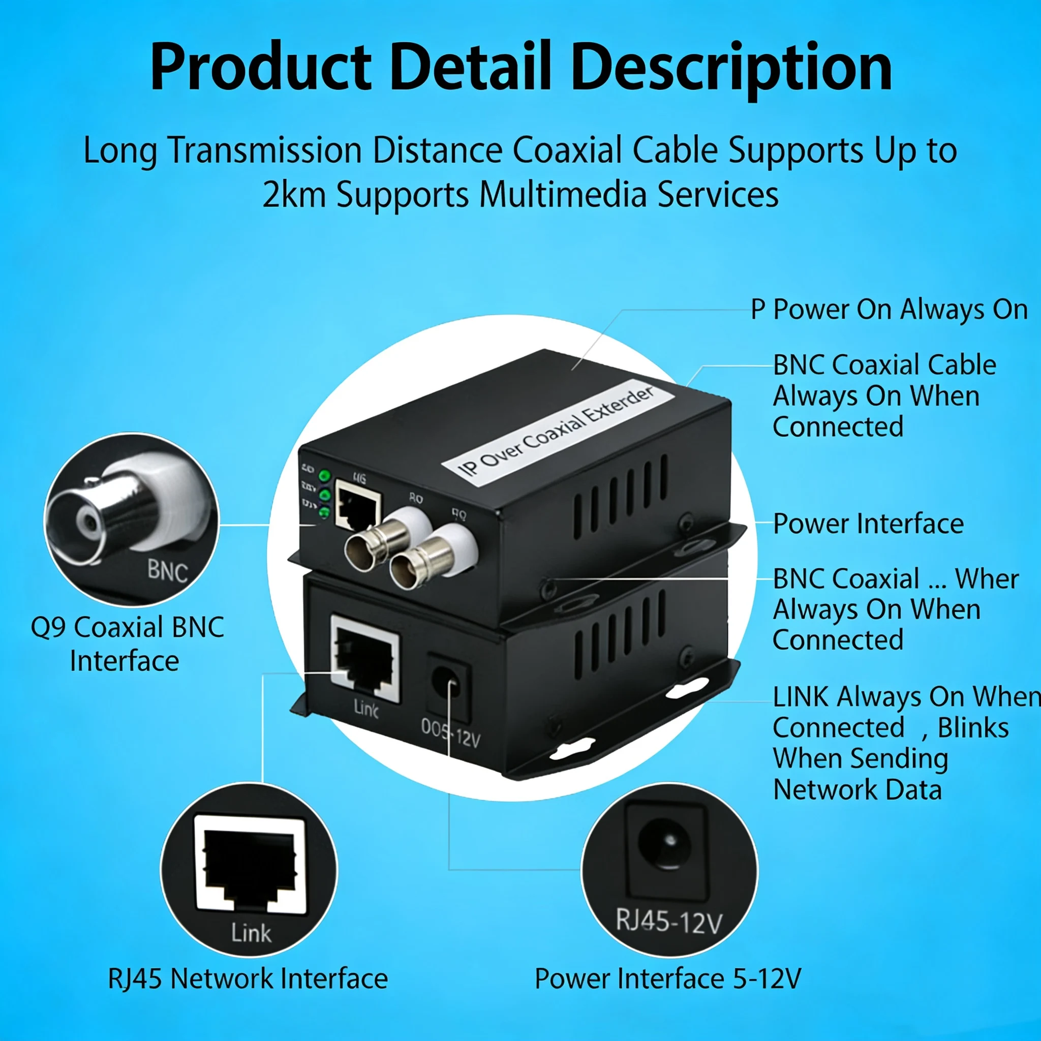 POE Over Coax EOC Converter IP to Coaxial Extender Ethernet to RF Signal 2KM 10/100Mbps 2-Port for CCTV