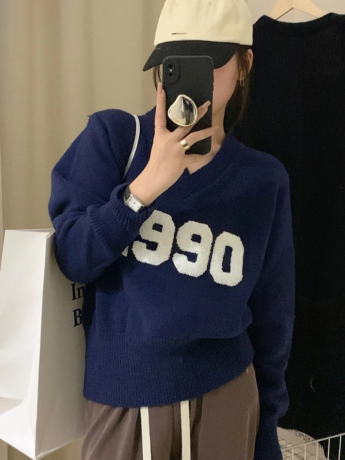 Autumn Y2k Aesthetic Harajuku Letter Patchwork Pullovers Womens Casual Sweater Sweet Vintage Grunge Crop Tops V Neck Streetwear