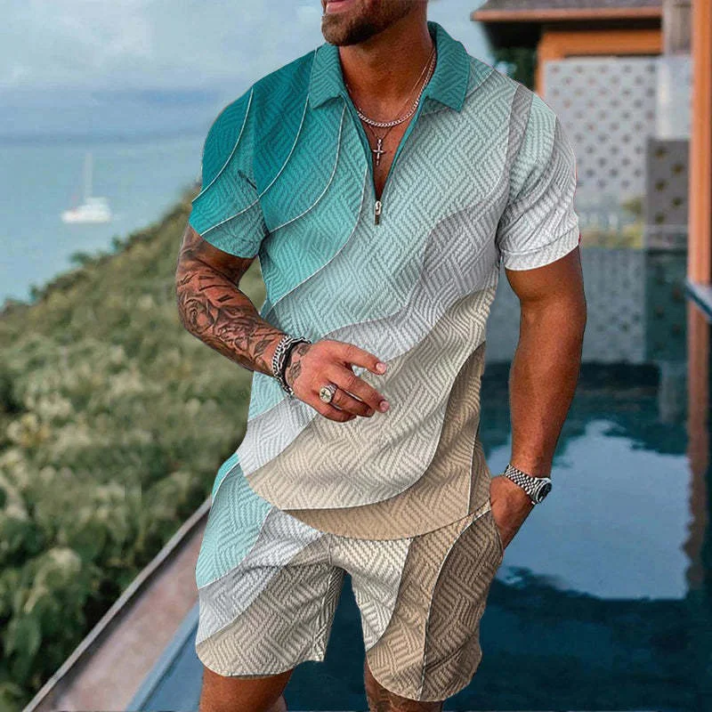 

Trend Man Pullover Clothing Solid Color Gradient Print Men's Sweatsuit Set Summer Casual Zipper Polo Shirt Shorts 2pcs Sets