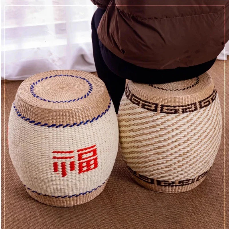 Round Floor Seat for Living Room Entryway Drum Stool Ottoman Natural Fiber Changing Shoe Stools Woven Straw Tea Table Stool