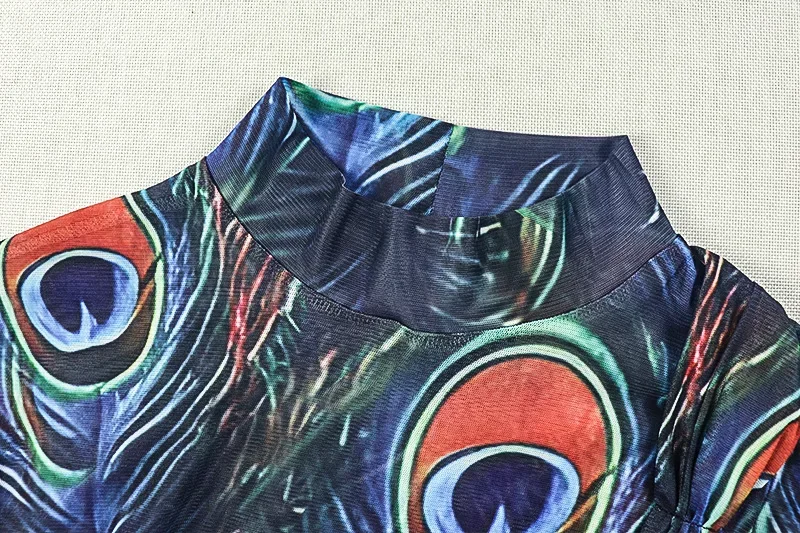 Doorzichtige mesh bedrukte bodycon maxi feestjurk dames coltrui volledige mouw slanke nachtclubwear verjaardagsfeestje lang gewaad