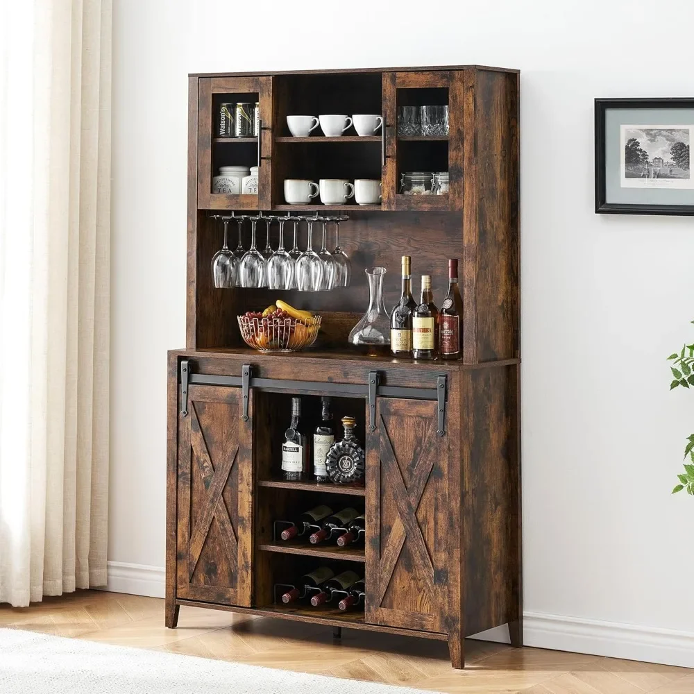 Farmhouse Coffee Bar Cabinet with Sliding Barn Door, 72" Tall Buffet Cabinet with Storage Shelves, Liquor Cabinet with Wine and