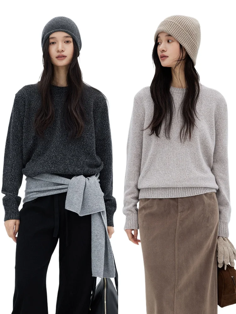 Unisex micro-front shoulder 3-thread thickened Consinee variegated ab yarn pure cashmere crew neck knitted sweater