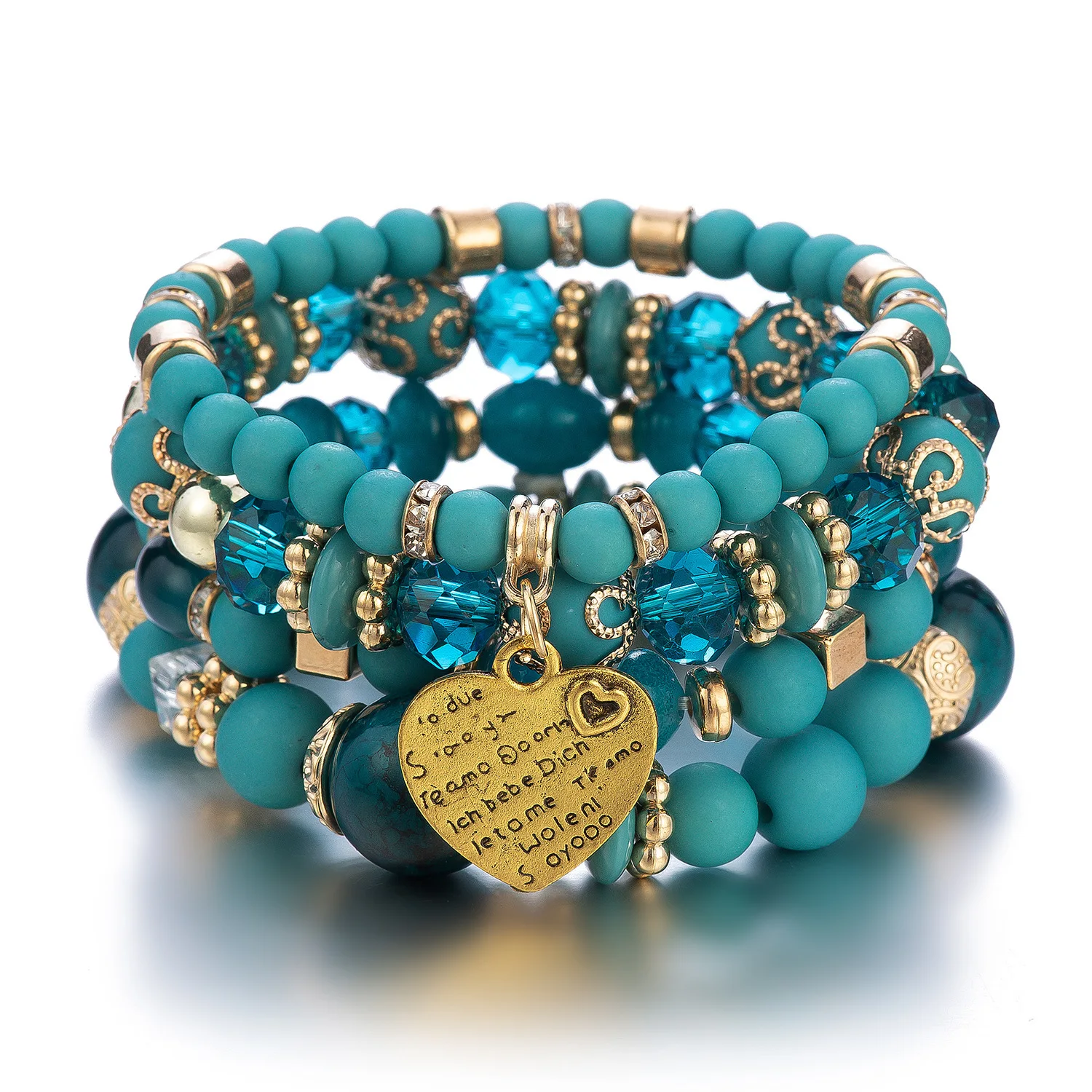 4pcs Bohemian Ethnic Heart Letter Pendant Beaded Bracelet Set, Vintage Fashion Jewelry, Stackable Daily Party Gift for Women
