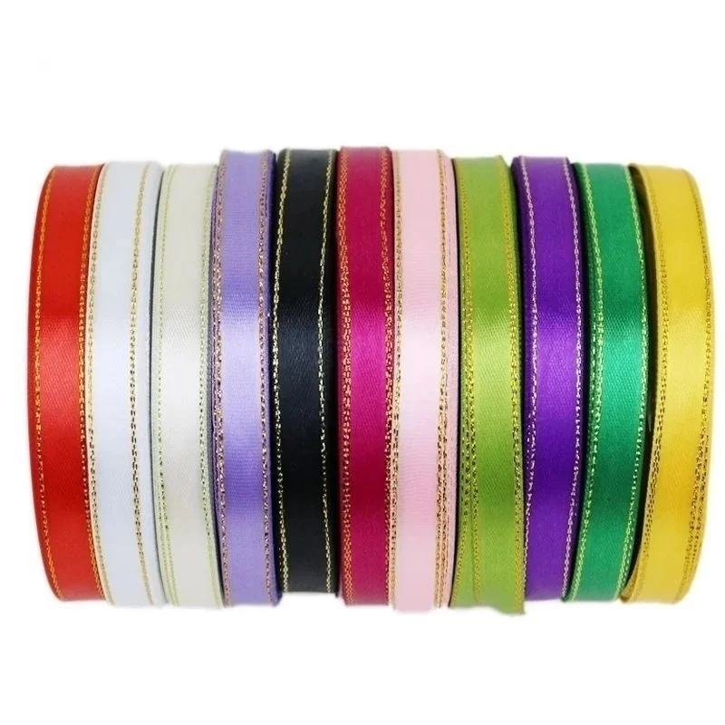 (25 yards/lot)3/8\'\' (10mm) satin ribbons black golden edge ribbon wholesale high quality gift packaging ribbons