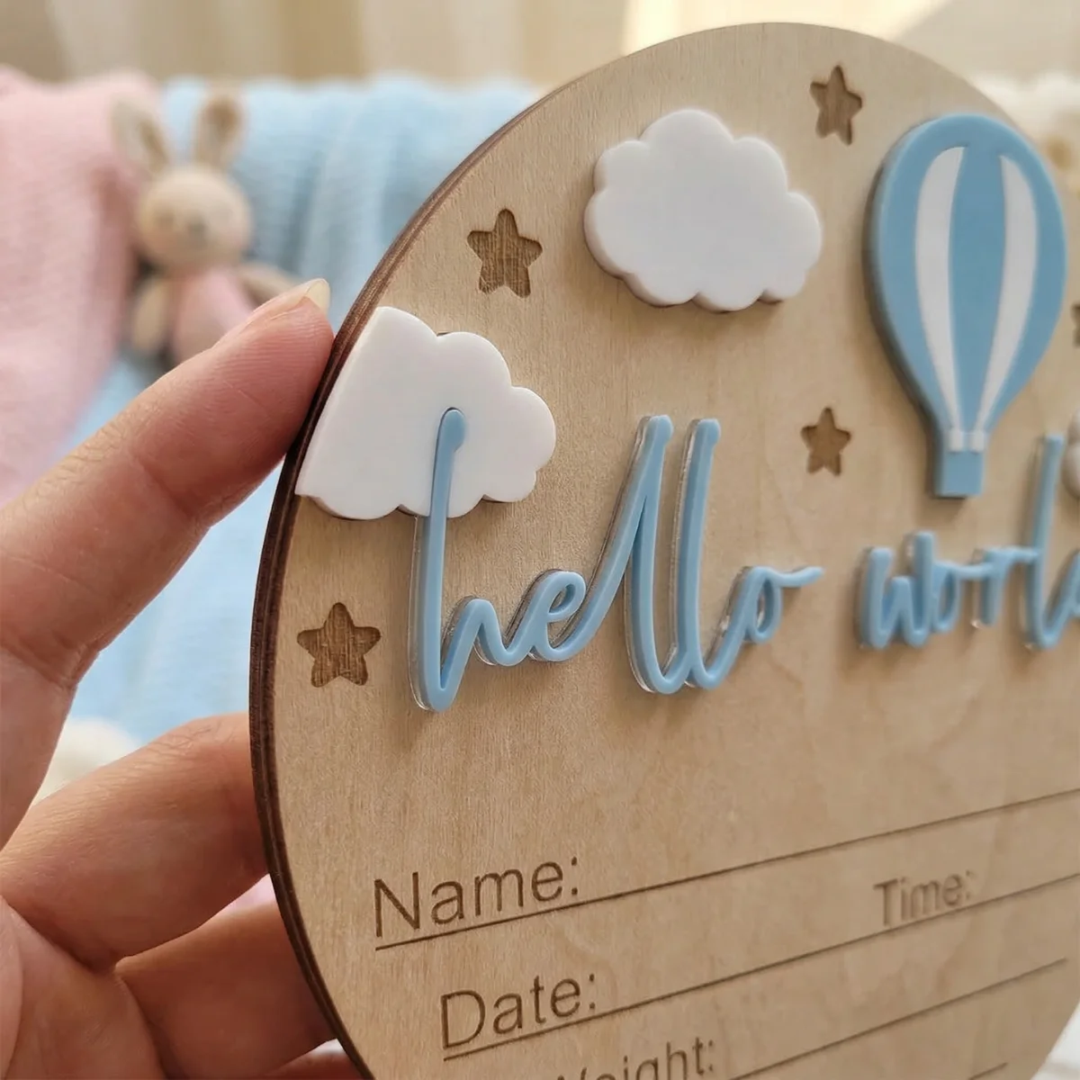 15cm Runde 3D Naturholz-Plakette mit Erhöhter Acryl-Beschriftung 'Hello World' zur Geburtsanzeige, Foto-Requisite – Detail 4