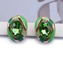 2026 New Fashion Green Enamel Striped Oval Shape Metal Earrings Women Jewelry Indian Vintage Statement Crystal Earrings Female