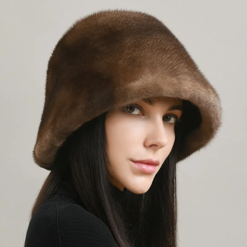 New  Women 100% Real Whole hide Mink Fur Bucket Hats Style Winter Natural Warm Mink Fur Hat Female Outdoor Fashion Genuine Mink