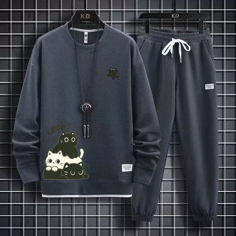 

Новый осенний повседневный спортивный костюм 2025 года в корейском стиле для мужчин: модный комплект из двух предметов с круглым вырезом, свободного кроя, универсальный, размер L