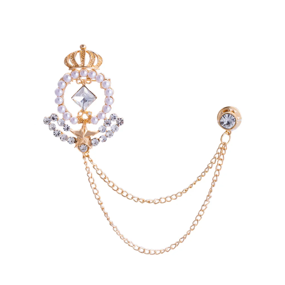 Vintage Exquisite Crown Pearl Star Brooch Diamond Studded Chain Double Needle Pin Gentleman's Suit Shirt Decorative Accessories
