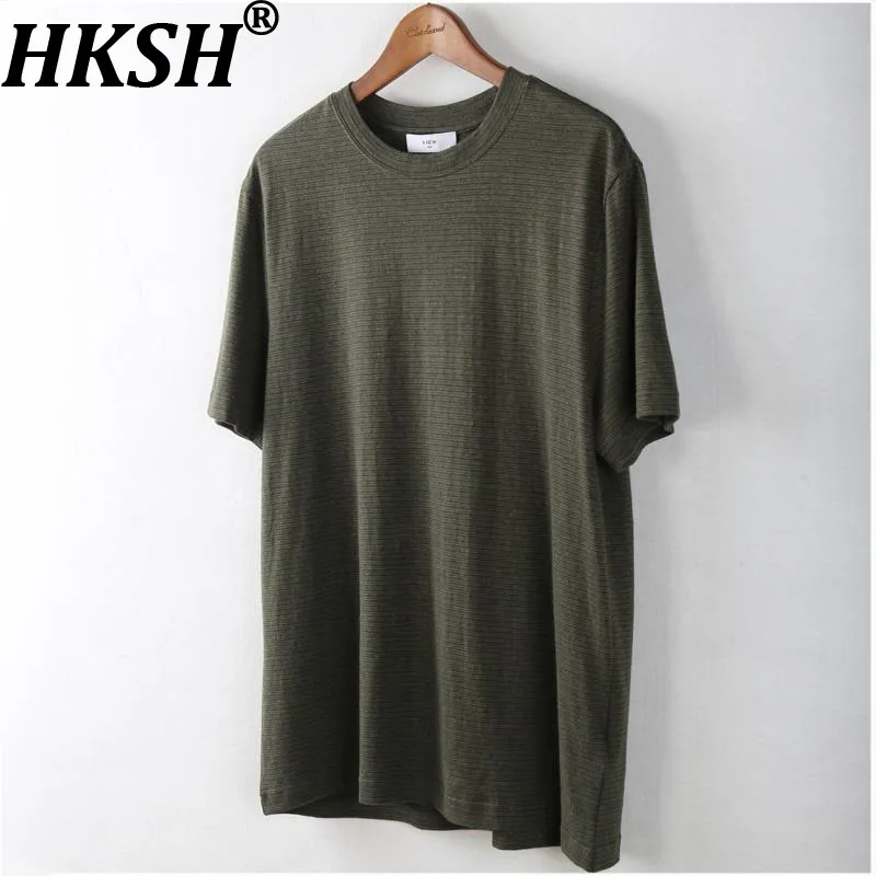 HKSH Spring Summer New Men Tide Cotton-Linen T-shirt Trendy Brand Breathable Fit Round Collar Short Sleeve Striped Tees HK22135