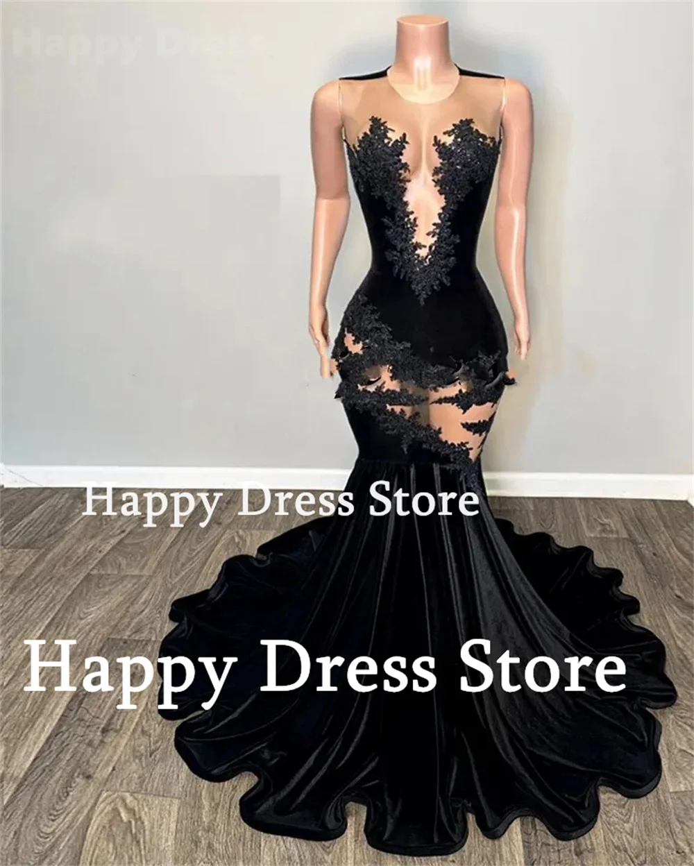 Sexy schiere O-Ausschnitt Ballkleid schwarz Cocktial Kleid Spitze Applikationen Abendkleid Meerjungfrau Velours besonderen Anlass Kleid Party kleid