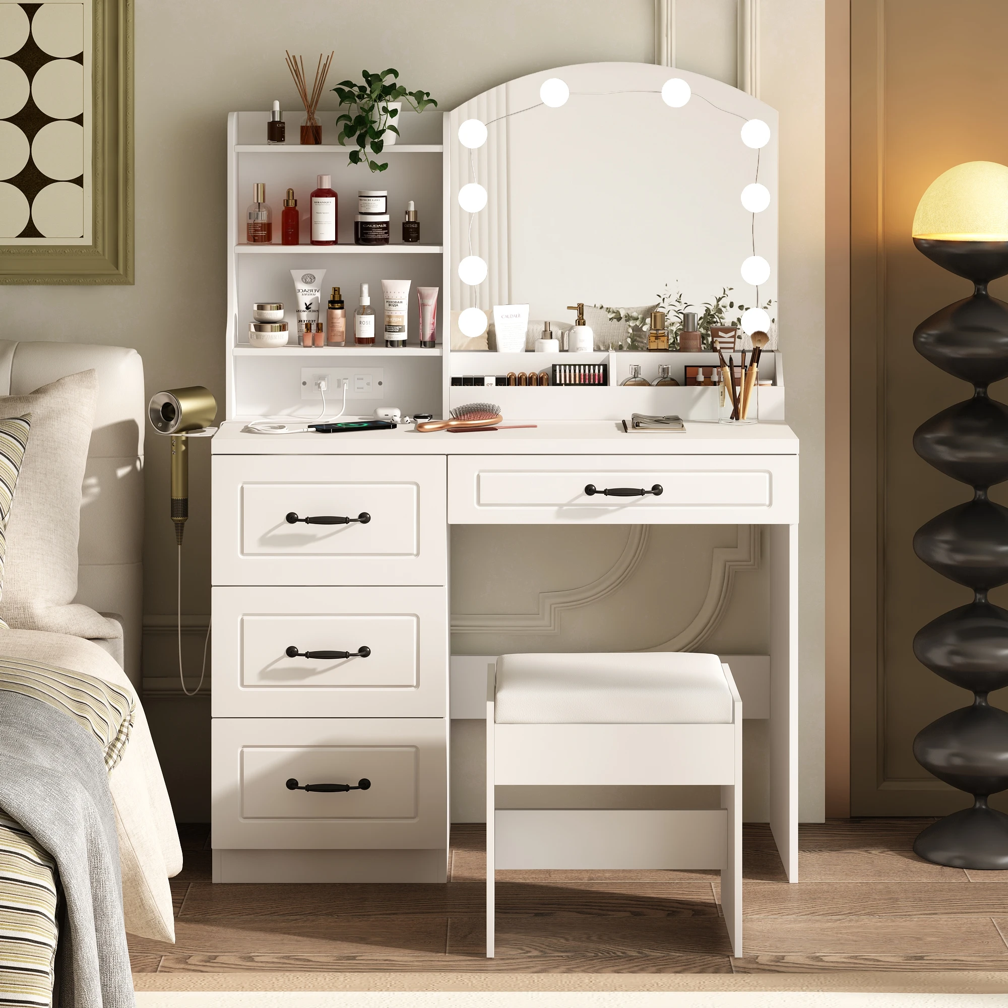 Vabches Tocador con espejo y luces para maquillaje, escritorio con estación de carga y 4 cajones de almacenamiento, juego de tocador blanco para dormitorio