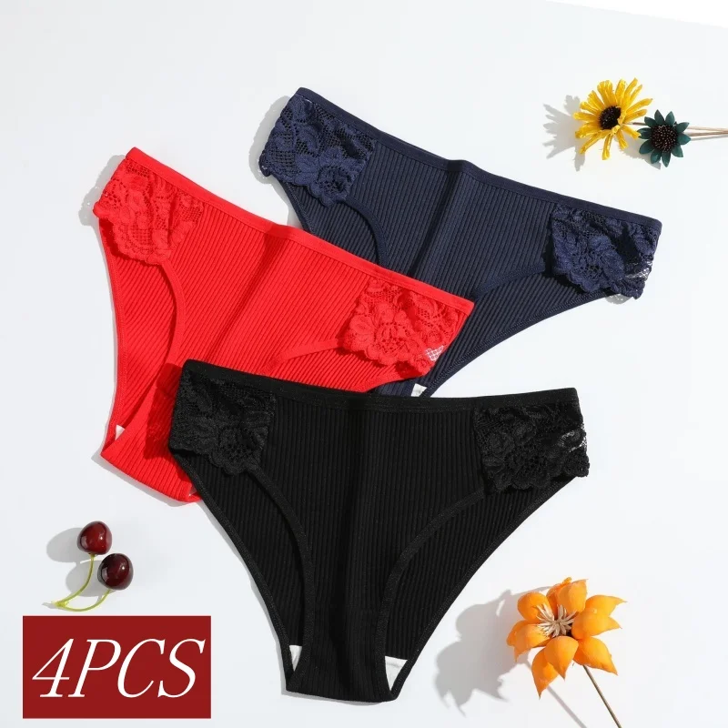 

4Pcs/Set Cotton Panties Women Low Rise Briefs Breathable Underwear Solid Color Lace Trims Panty Female Underpants Sexy Lingerie