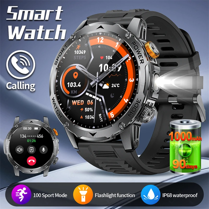 LIGE Outdoor Military Men Smart Watch Ultra 1000mAh Battery IP68 Waterproof Smart Bracelet Flashlight Bluetooth Call Smartwatch