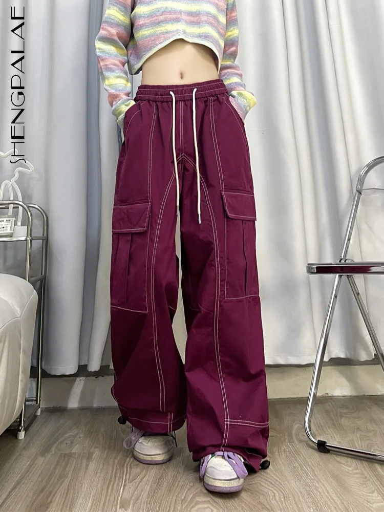 SHENGPALAE Fashion High Street Long Pants Women 2024 Winter New Vintage Lace-up Niche Design Pockets Trousers Female 5G569