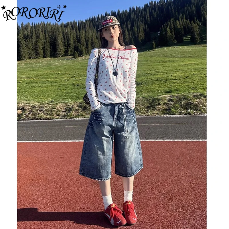 

RORORIRI американские укороченные джинсовые брюки для мужчин и женщин, летние потертые свободные широкие шорты, модные брюки