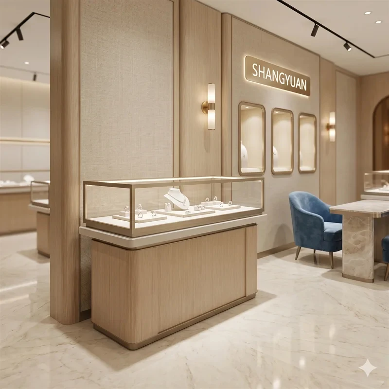 custom.Jewelry Showcases Sale Wall Side Rounded Glass Wooden Cabinet High-End Showroom Design ODM Supplier