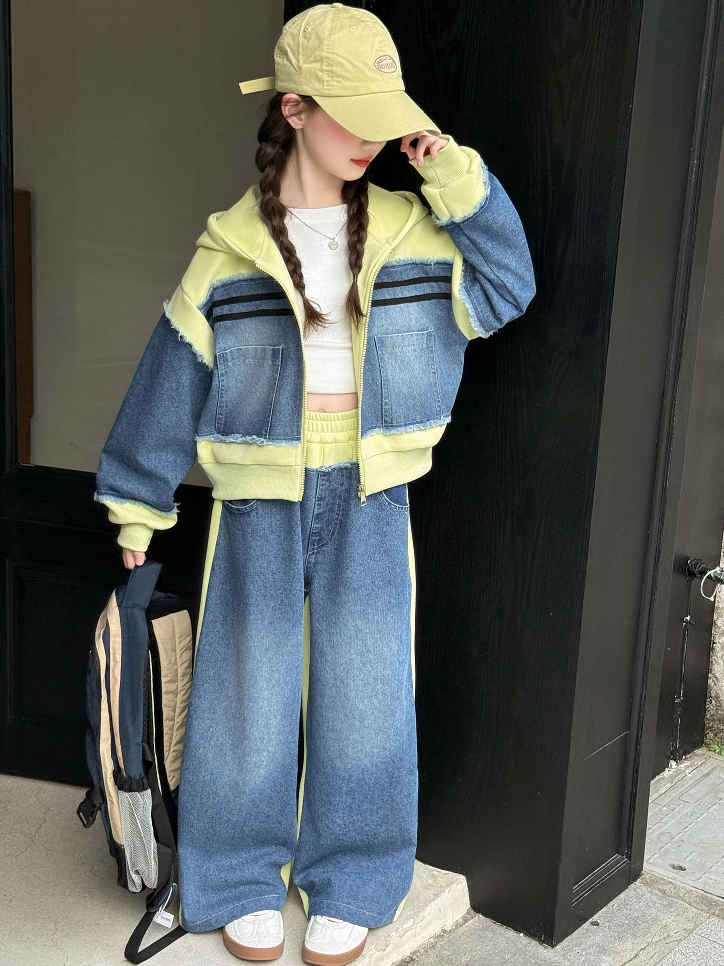 

Girls Autumn Faion Casual Two-Piece Set Korean Sle Patchwork Denim Hoodie And Pants for Junior High School Students