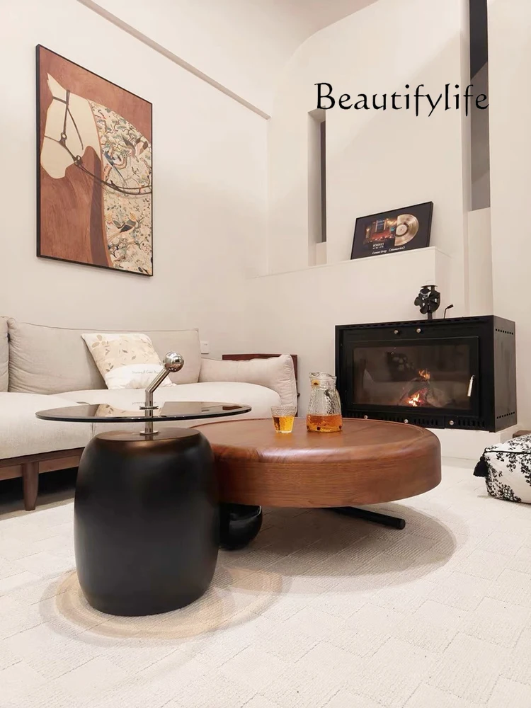 

New living room household solid wood medieval light luxury high-end coffee table Italian modern simple round