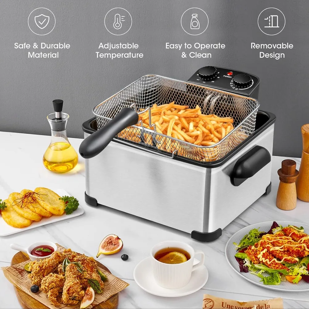 Electric Deep Fryer with 3 Baskets, 5.3QT/5L/21-Cup Oil Capacity, Stainless Steel Home Fryers, 1700W Electric Fryer