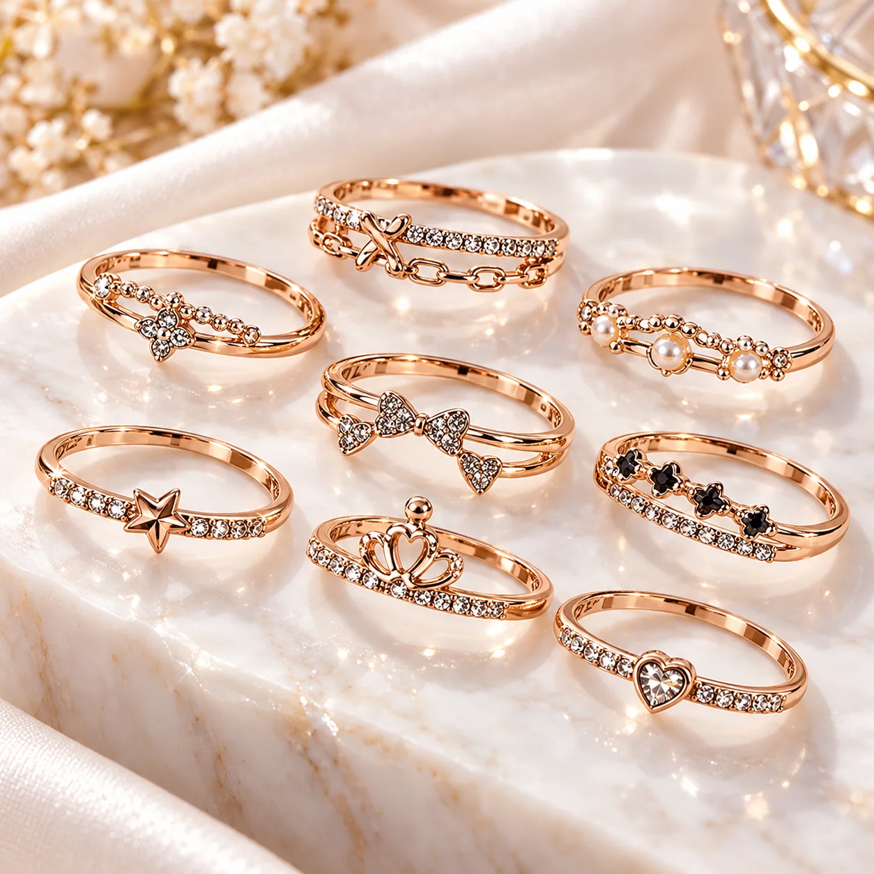 50Pcs Rose Gold Stacking Rings Set Cute Bowknot Heart Crown Crystal Finger Rings for Women Girls Minimalist Jewelry Party Gift