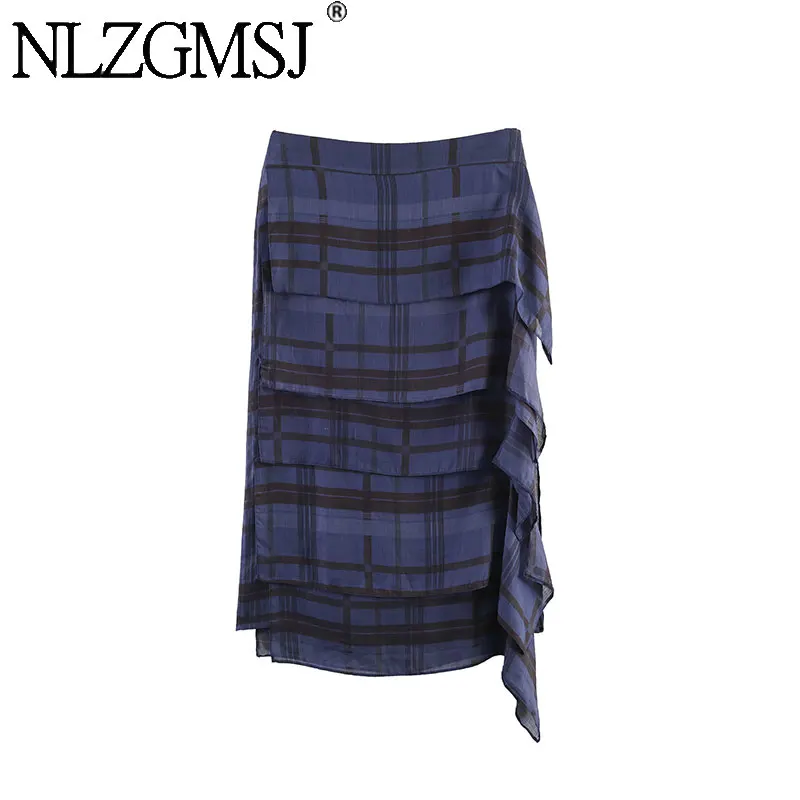 

Nlzgmsj 2026 Summer Vintage Women's Blue Plaid Ruffle Maxi Skirt High Waist Asymmetrical Layered Casual Long Skirt