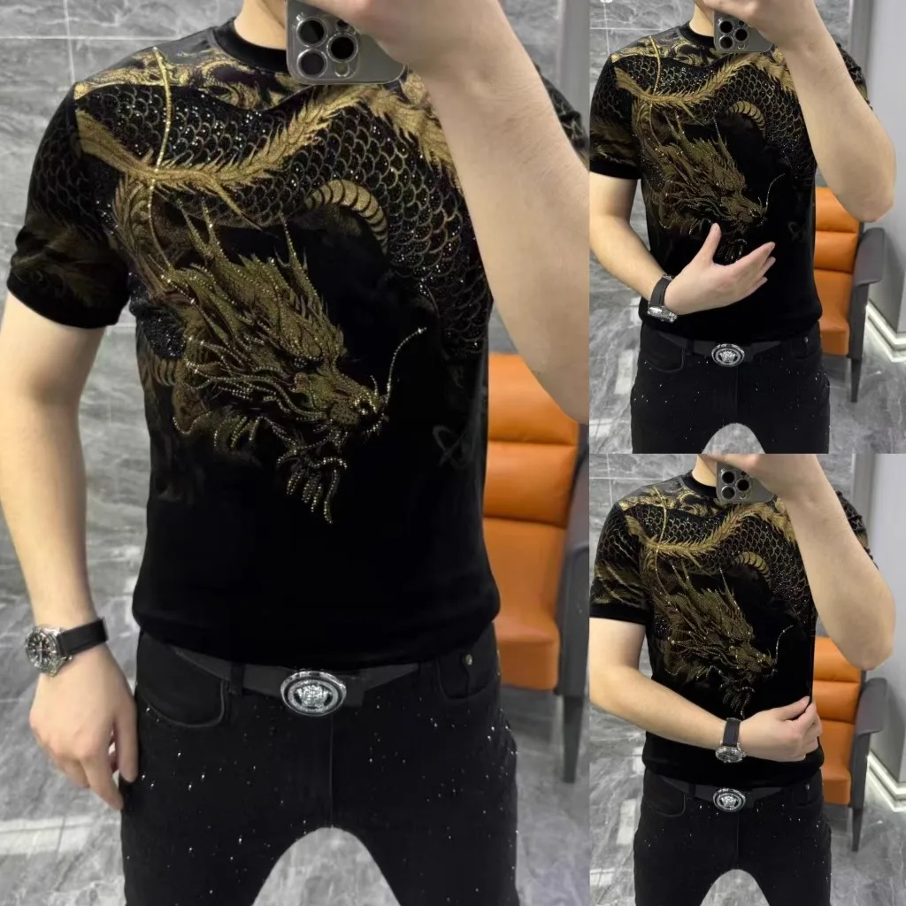 

Velvet Stretchy High-End T Shirt For Men Short Sleeve Slim Fit Chinese Style Quality Rhinestone Dragon Silky Camisetas De Hombre