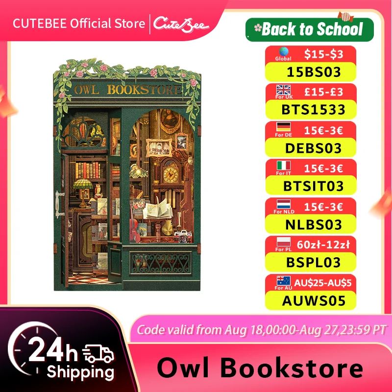 

CUTEBEE DIY книжный уголок комплект миниатюрный деревянный кукольный домик с подсветкой вставка для книжной полки 3D головоломка Декор модель для подарков Сова книжный магазин