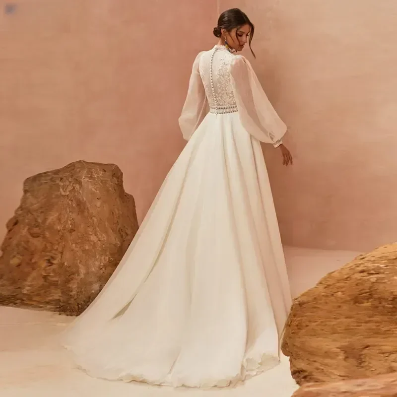 Vestido De novia De manga larga, traje De novia con apliques De línea a, tren De encaje Simple Dee Francia 2023