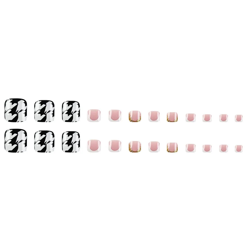 

2026 New Simple Black and White Houndstooth Gold Edge French Toenail Patches