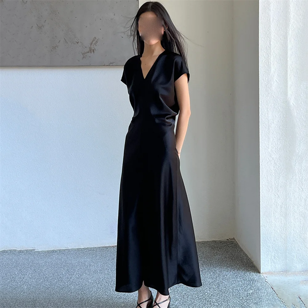 Hoepoly-vestido de noche plisado largo hasta el tobillo para mujer, prenda elegante de sirena de manga corta con cuello en V, Formal, elegante, con clase, a la moda