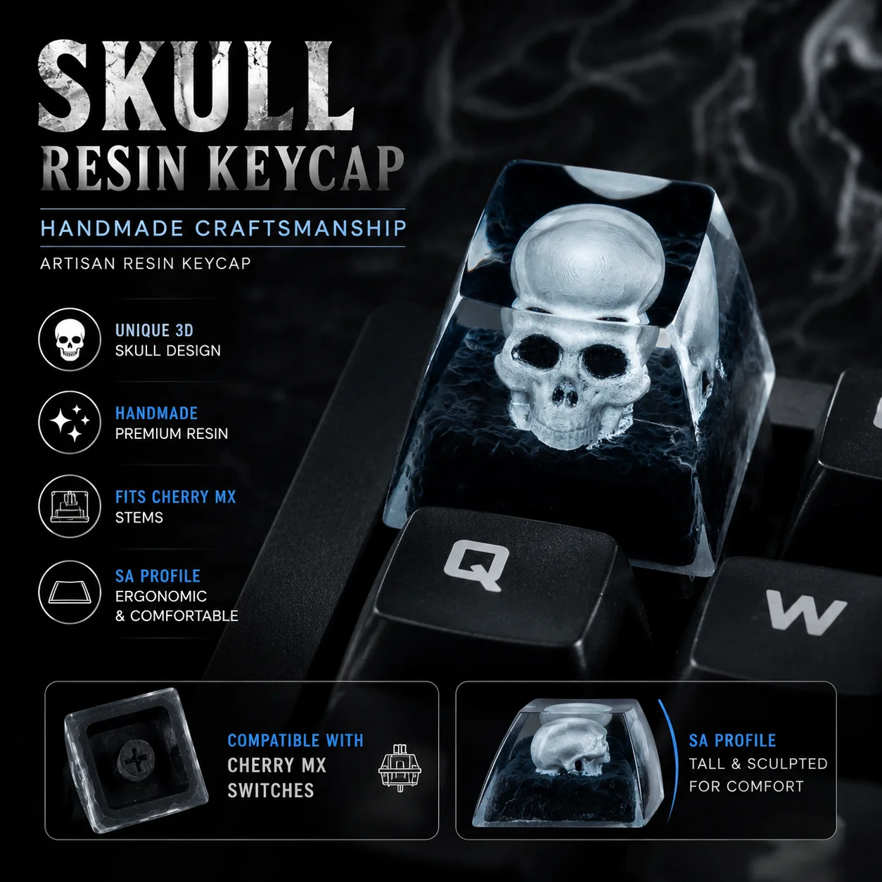 STJORNEX Artisan Keycaps Monochrome Skull Resin Custom ESC Keycap 1U SA R1 Handmade for MX Switch Mechanical Keyboards Keycap