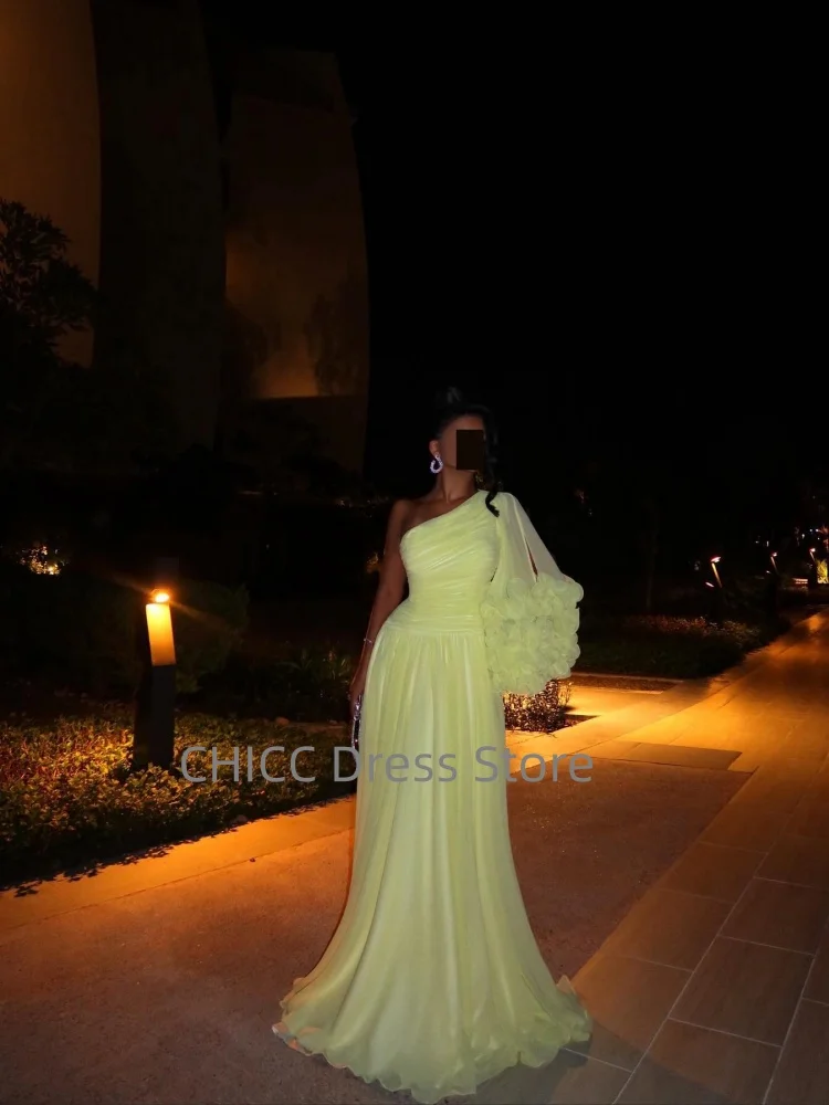 Vestidos de noche árabes, vestido de fiesta fluido con un hombro y plisado, vestido de fiesta amarillo fruncido, vestido personalizado