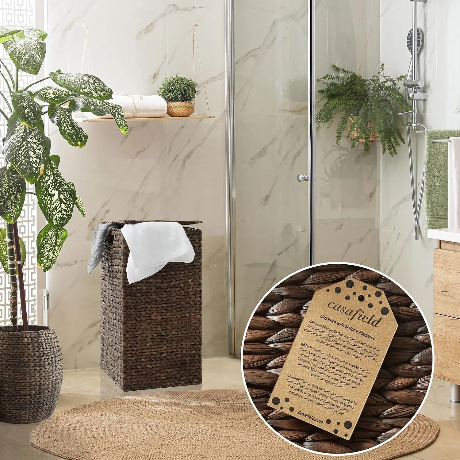 Laundry Hamper with Lid and Removable Liner Bag - Espresso Dark Brown, Woven Water Hyacinth Square Laundry Basket Sorter