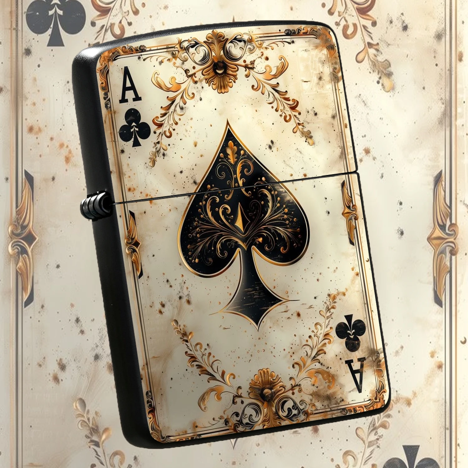 Vintage Ornate Ace Of Clubs Pattern Lighter, Retro Aged Art Style Classic Card Themed Portable Igniter, Exquisite Gold Foil Craft, Suitable For Daily Carrying, Multiple Scenarios Use, Ideal Gift For Yourself And Your Friends, Unique Creativ