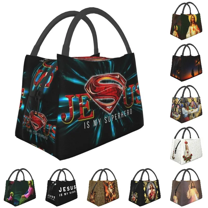 

Jesus Superhero Portable Lunch Box Women Leakproof Religion Cooler Thermal Food Insulated Lunch Bag Travel Work Pinic Container