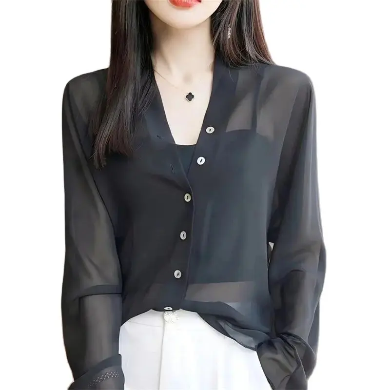 

V-Neck Sun-Proof Chiffon Women Shirt Cardigan 2024 Summer Thin Micro-Transparent Ice Silk Shawl Blouse