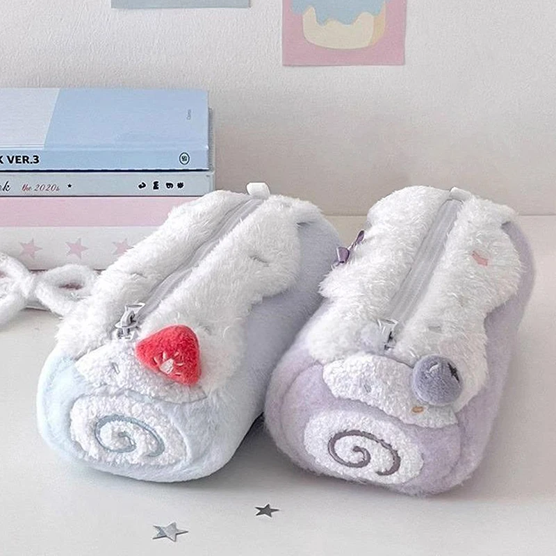 1PC Cute Cream Roll Plush Pencil Case Large Capacity School Student Stationery Storage Bag-New