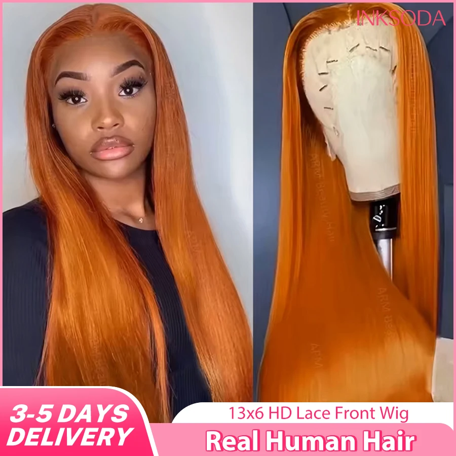 

36-дюймовый оранжевый парик из натуральных прямых волос Ginger Bone Straight с кружевной передней частью 13x6 HD Lace Frontal Wig # 350 цветных париков из натуральных волос