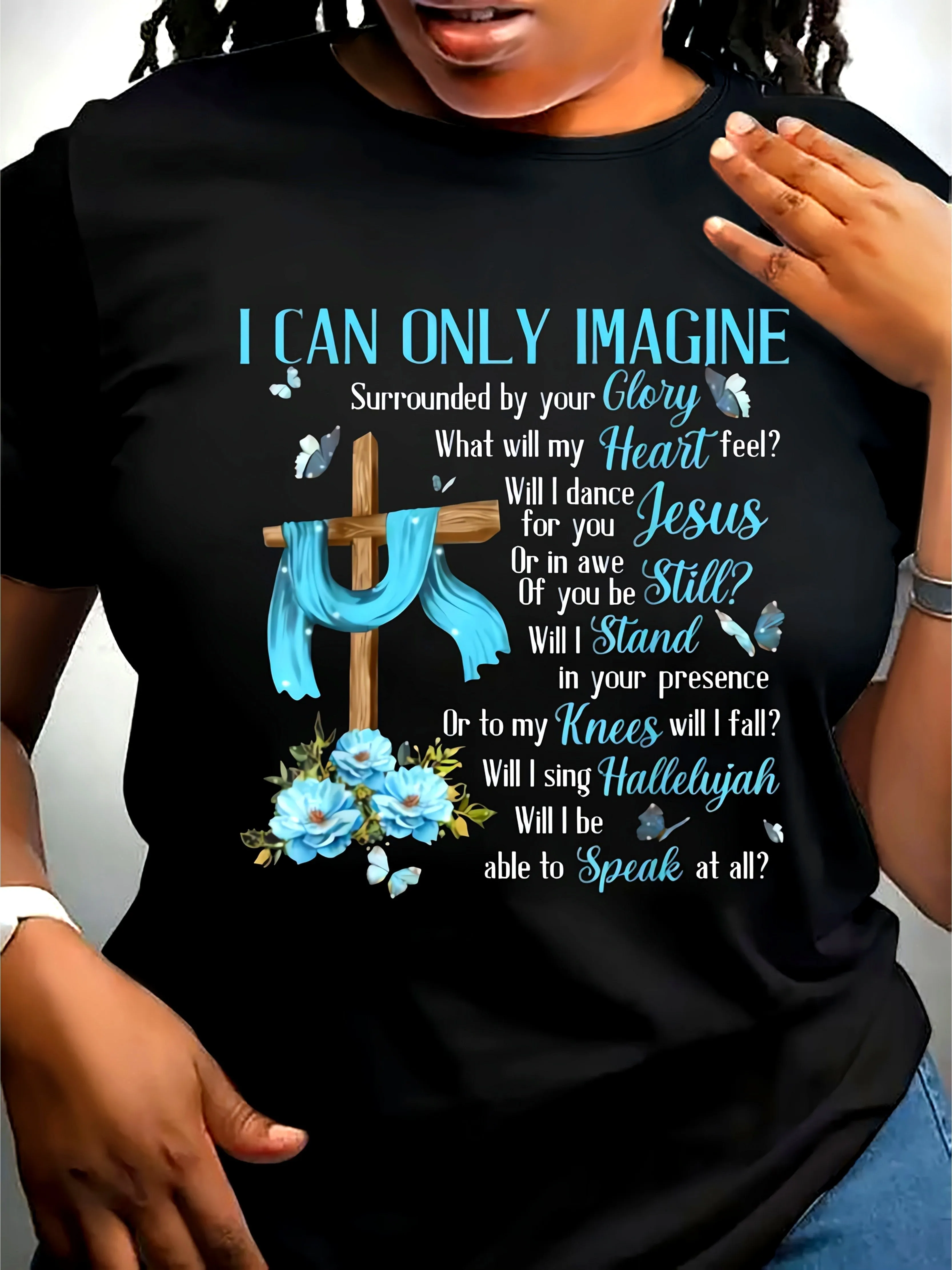 Plus Size Women Inspirational Christian T Shirt I Can Only Imagine Lyrics Cross Floral Casual Round Neck