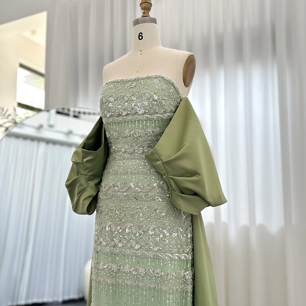 Sharon Said Luxuriöses Salbeigrünes Abendkleid Fliederblau Perlenbesetzt Fuchsia mit Cape für Damen Hochzeitsfeierkleid SS238 Maßanfertigung – Detail 8