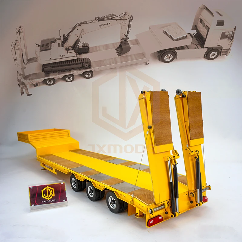 JX Model Metal 3-Axle Low Bed Tailboard Semi-Trailer Wood Panel Decorative Cylinder for Tamiya 1/14 RC Tractor Truck Model Toy