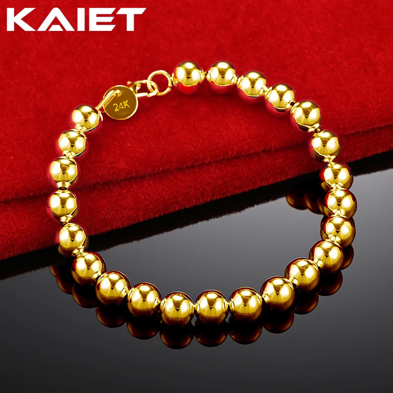 KAIET 925 Sterling Silver 8mm Beaded Chain Bracelet Plated With 18K Gold Wedding Party For Women Charm Fine Jewelry