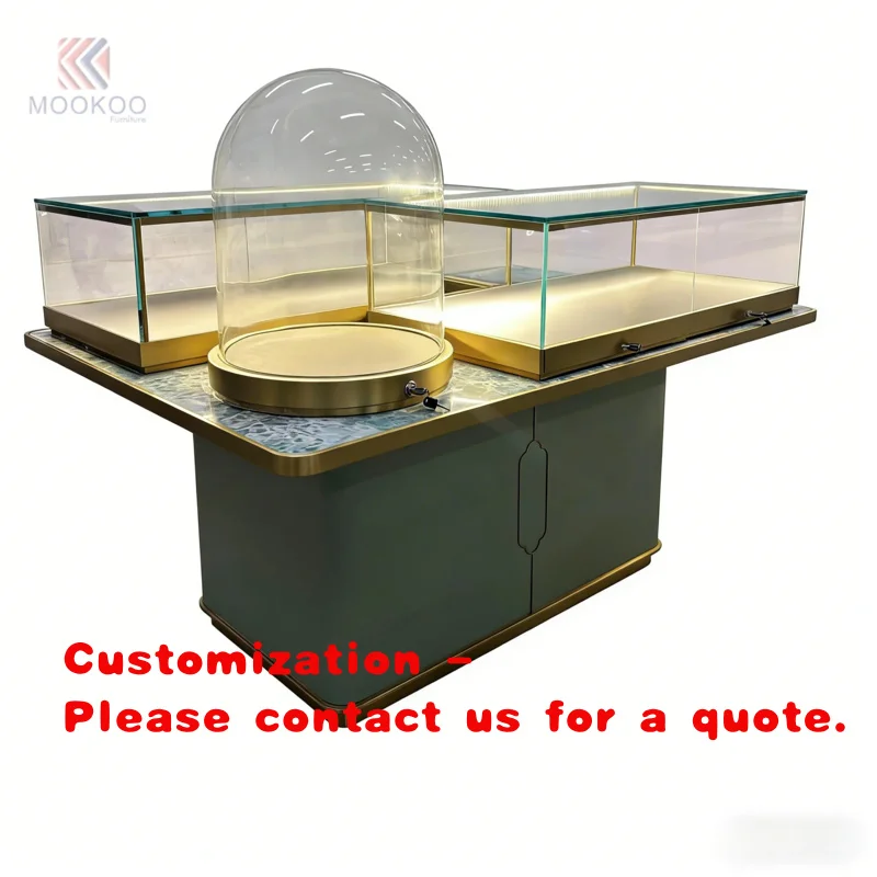 custom.Luxury Green Jewelry Island Display Gold Brass Trim Glass Dome Showcase Rotating Display High End Jewellery Boutique