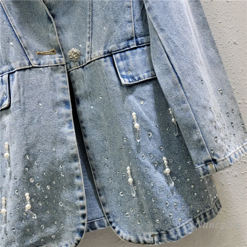 2024 Nieuwe Losse Blauwe Spijkerjas Dames Strass Retro Effen Kleur Pak Kraag Jean Jas Dames Street Top Kleding