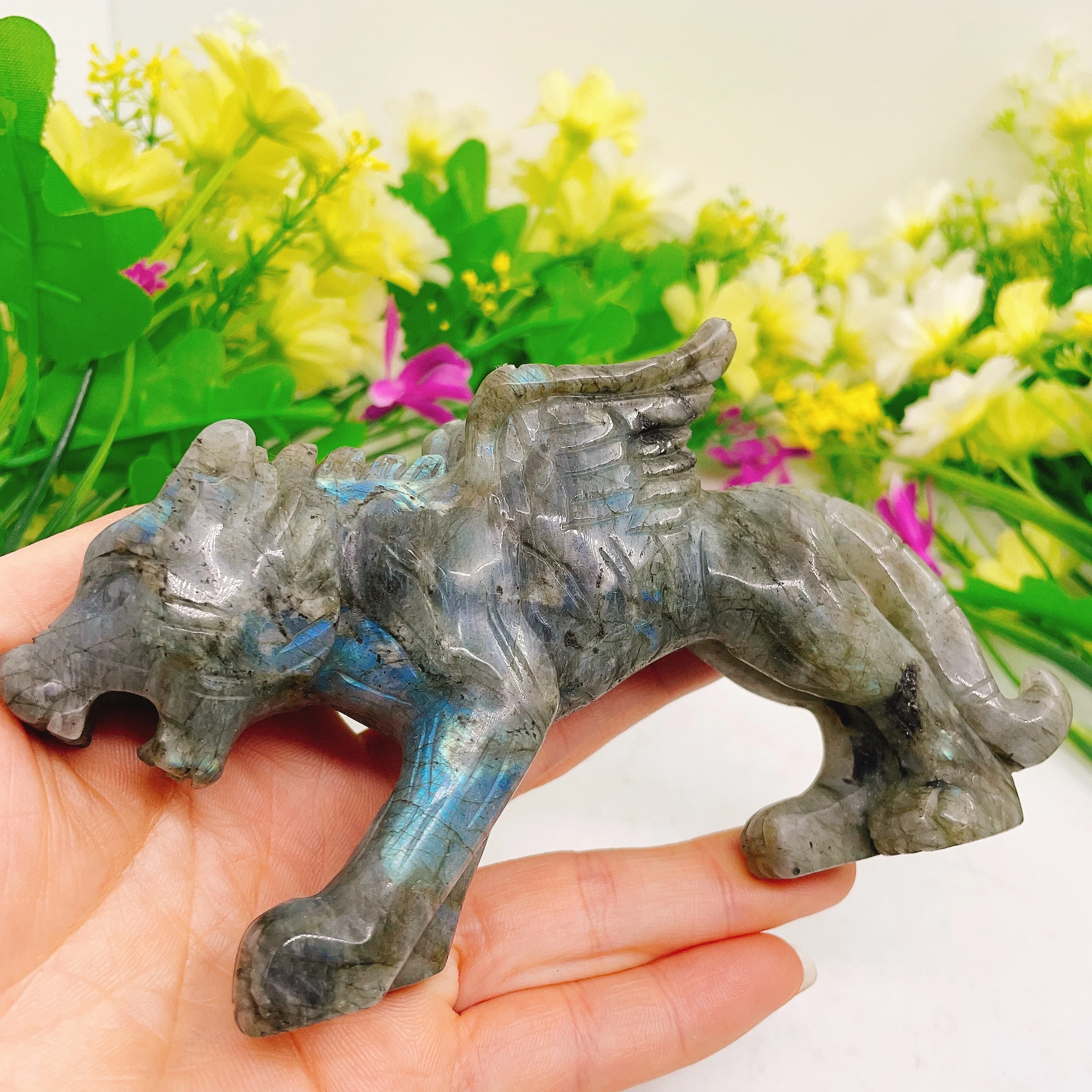 

2pcs 13.5cm Natural Labradorite Crystal Stone Quartz Mineral Carved Flying Tigress Animal Figurines Spiritual Decor